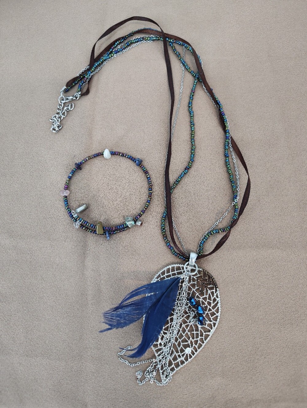 Bohemian Blue Feather Pendant Necklace with Beaded Bracelet Set